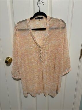 Rose & Olive Sheer Floral Pintuck V-Neck Tunic in Peach and Cream